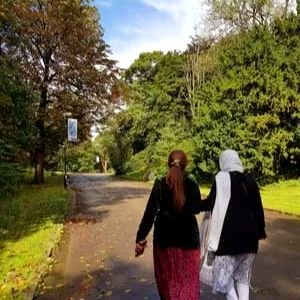 A group walking through the woods